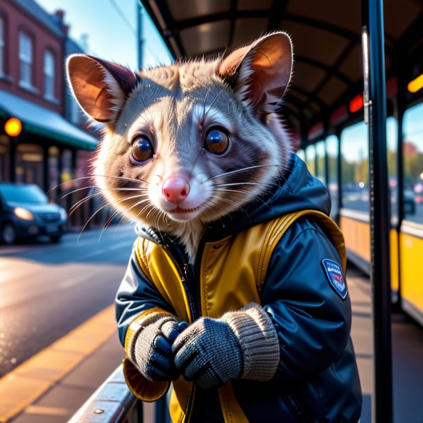 Foto de una zarigüeya en guantes en la parada de autobús