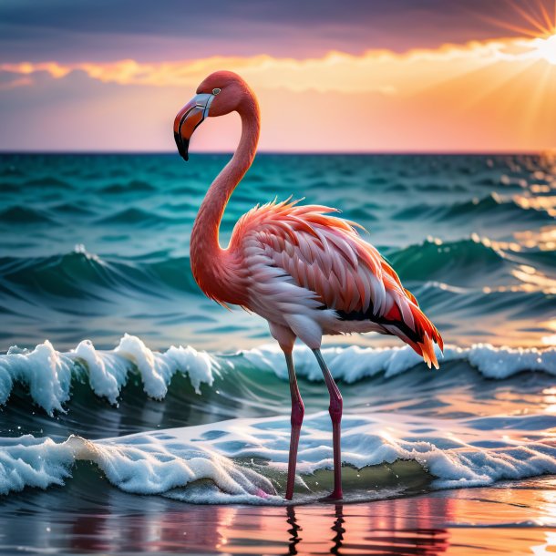 Foto de un flamenco en un abrigo en el mar