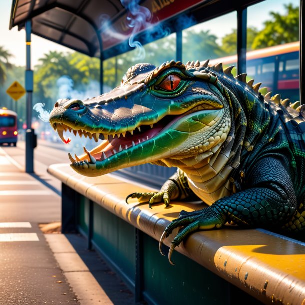 Photo of a smoking of a alligator on the bus stop