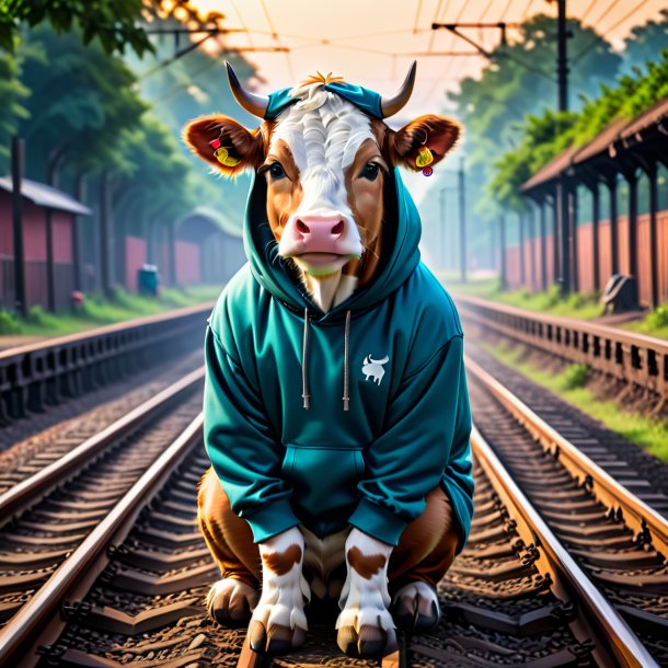 Foto de una vaca en una sudadera con capucha en las vías del tren