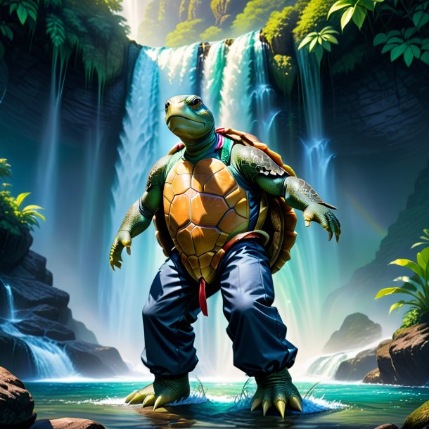 Illustration of a turtle in a trousers in the waterfall