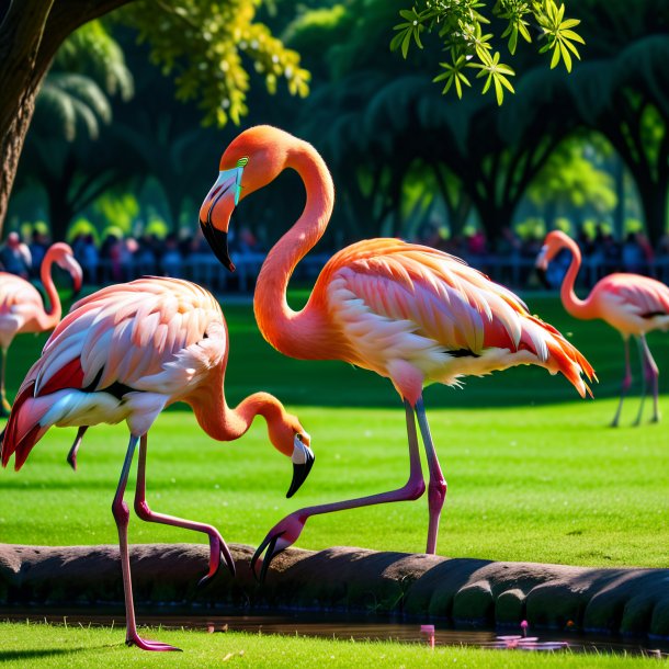 Foto de um comer de um flamingo no parque