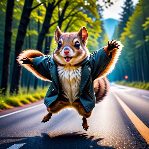 Image of a flying squirrel in a coat on the road