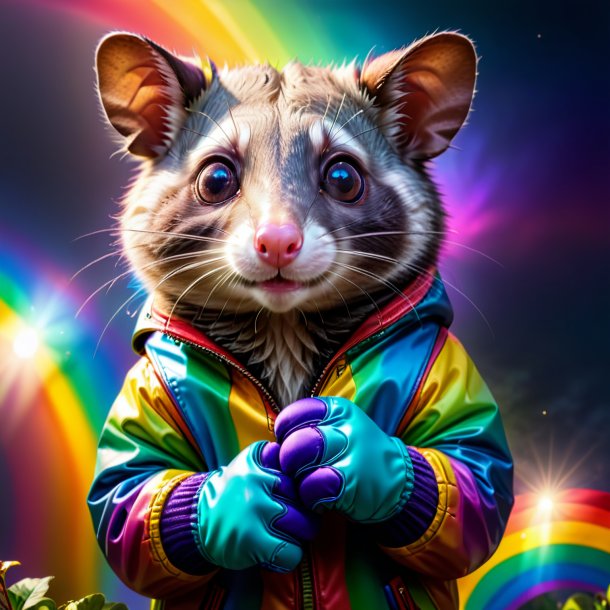 Image d'un opossum dans un gants sur l'arc-en-ciel