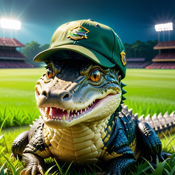 Image of a crocodile in a cap on the field