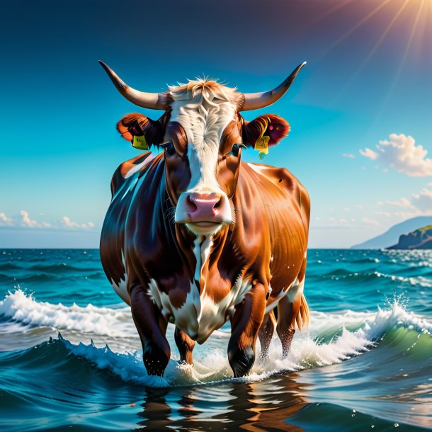 Image of a cow in a coat in the sea