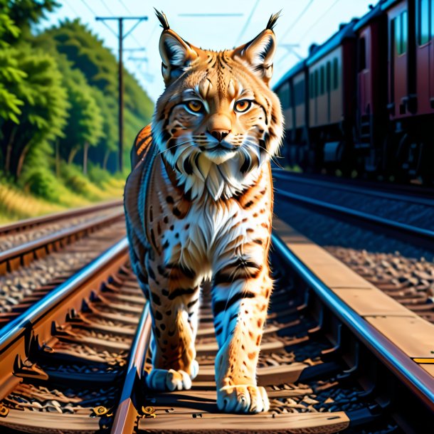 Drawing of a lynx in a trousers on the railway tracks