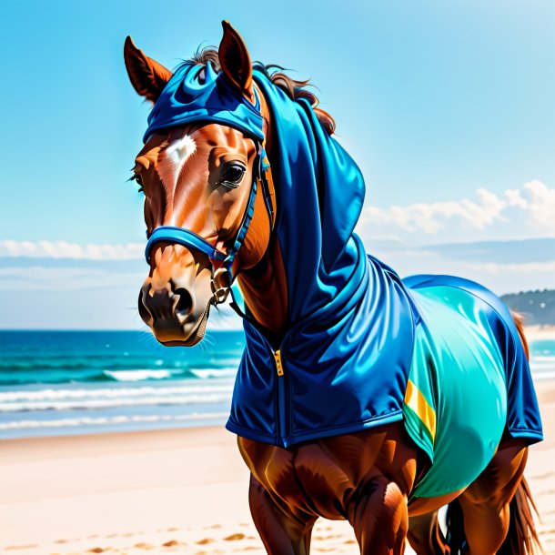 Ilustración de un caballo en una sudadera con capucha en la playa