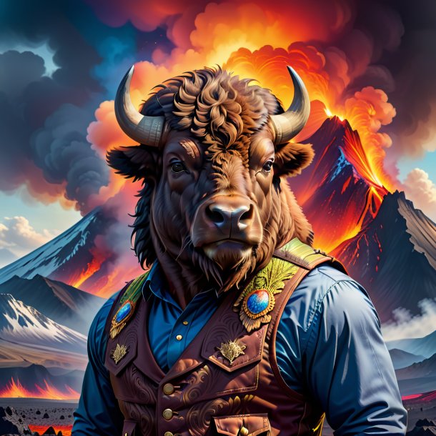 Illustration of a bison in a vest in the volcano