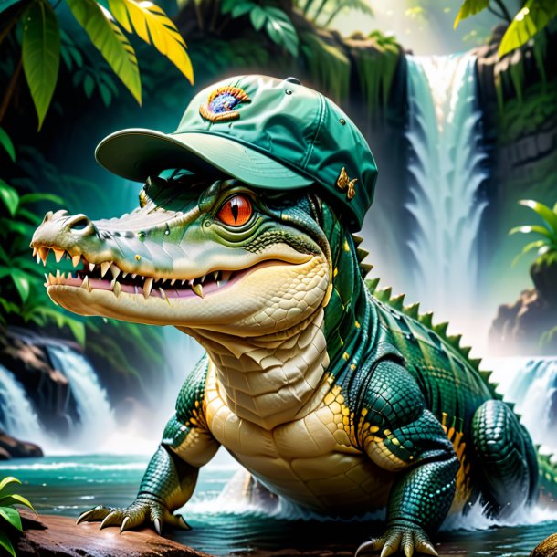 Picture of a crocodile in a cap in the waterfall