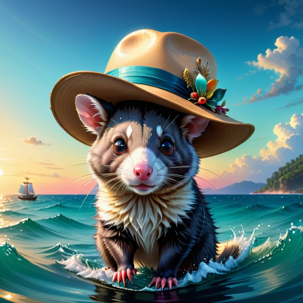 Illustration of a possum in a hat in the sea