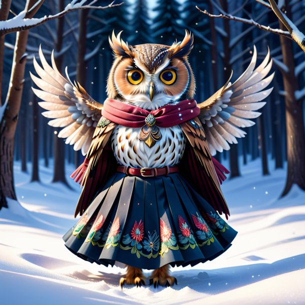 Illustration of a owl in a skirt in the snow