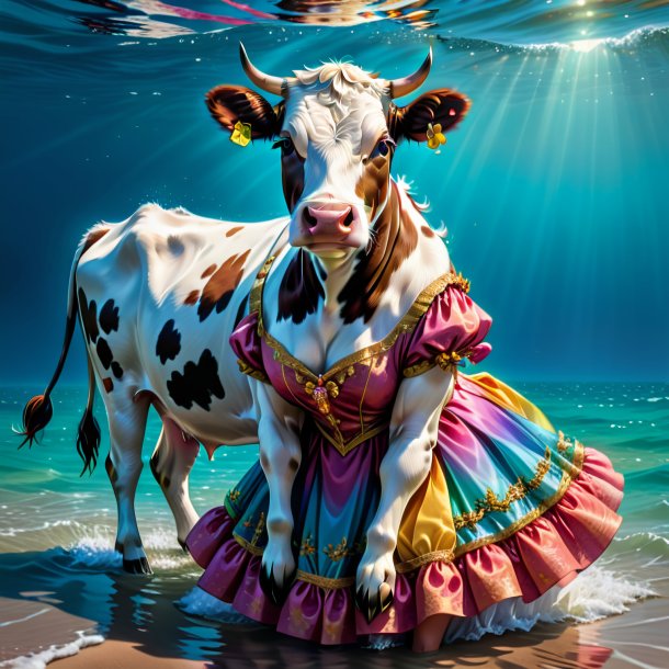 Dibujo de una vaca en un vestido en el mar