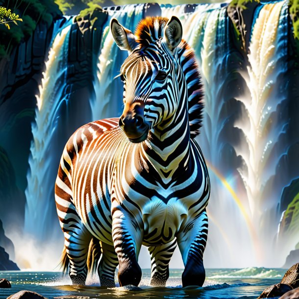 Image of a zebra in a belt in the waterfall