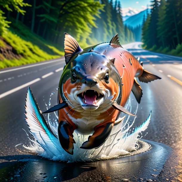 Picture of a dancing of a salmon on the road