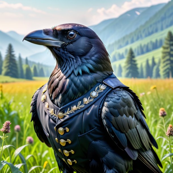 Pic of a crow in a vest in the meadow