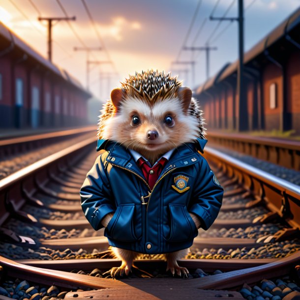 Image of a hedgehog in a jacket on the railway tracks