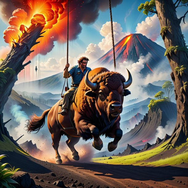 Photo of a swinging on a swing of a bison in the volcano