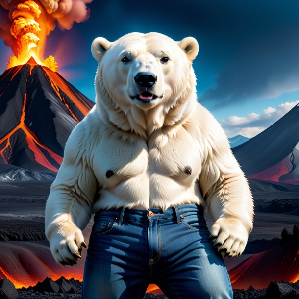 Image of a polar bear in a jeans in the volcano