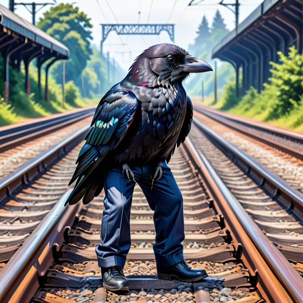 Drawing of a crow in a trousers on the railway tracks