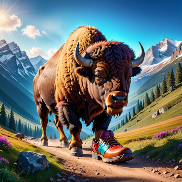 Photo of a bison in a shoes in the mountains