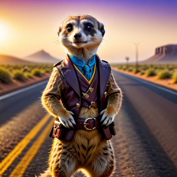 Image of a meerkat in a belt on the road