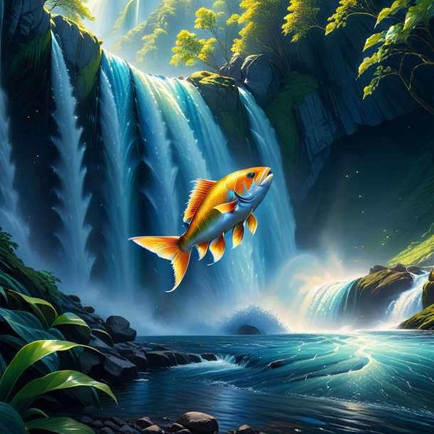 Drawing of a fish in a jeans in the waterfall