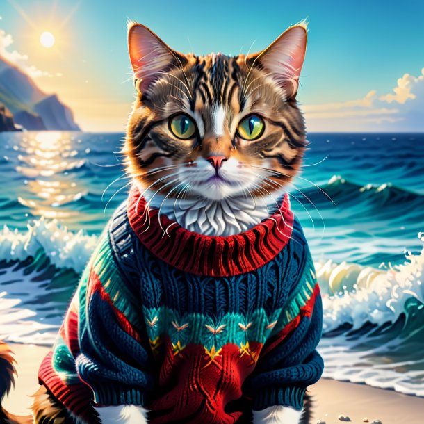 Illustration d'un chat dans un pull dans la mer