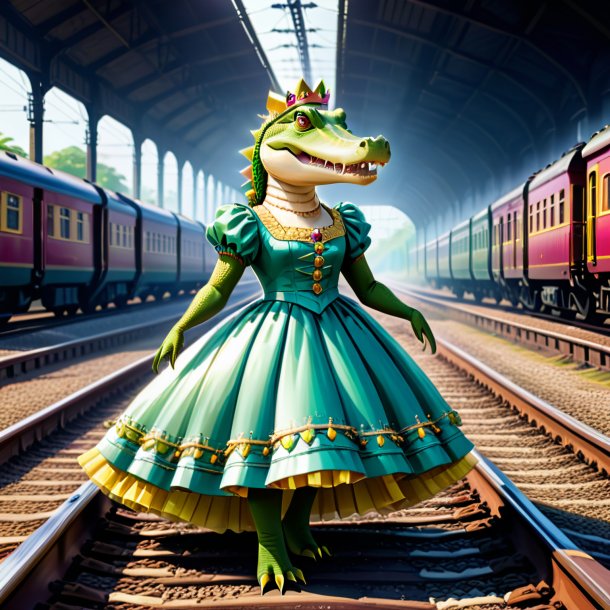 Ilustração de um crocodilo em um vestido nos trilhos ferroviários