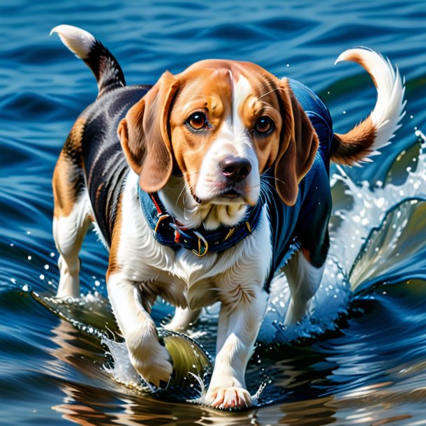 Imagen de un beagle en un jeans en el agua