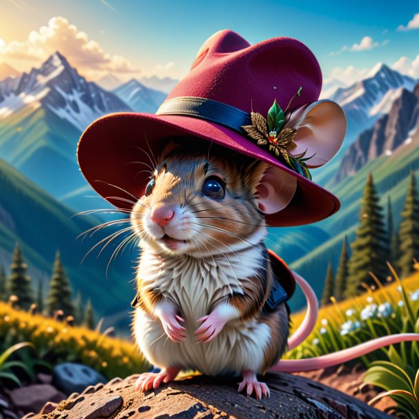 Picture of a mouse in a hat in the mountains