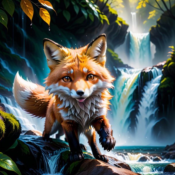 Pic of a fox in a gloves in the waterfall