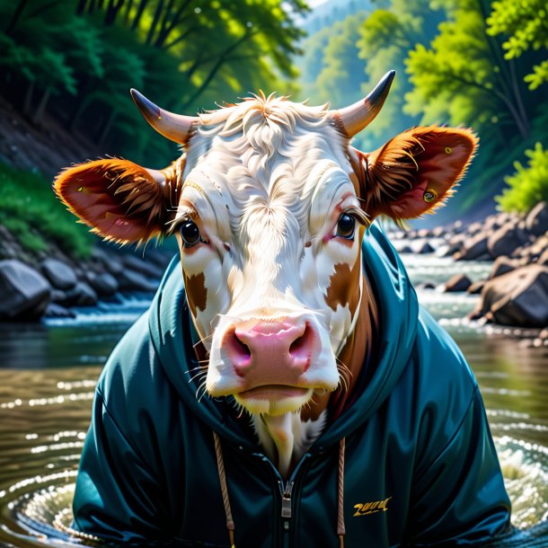 Foto de una vaca en una sudadera con capucha en el río