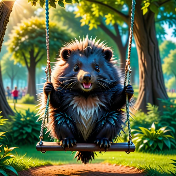 Photo of a swinging on a swing of a porcupine in the park