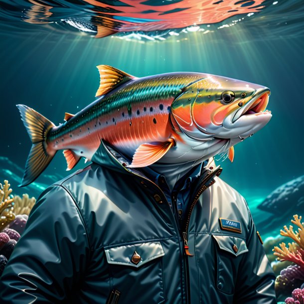 Illustration of a salmon in a jacket in the sea