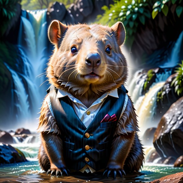 Image of a wombat in a vest in the waterfall