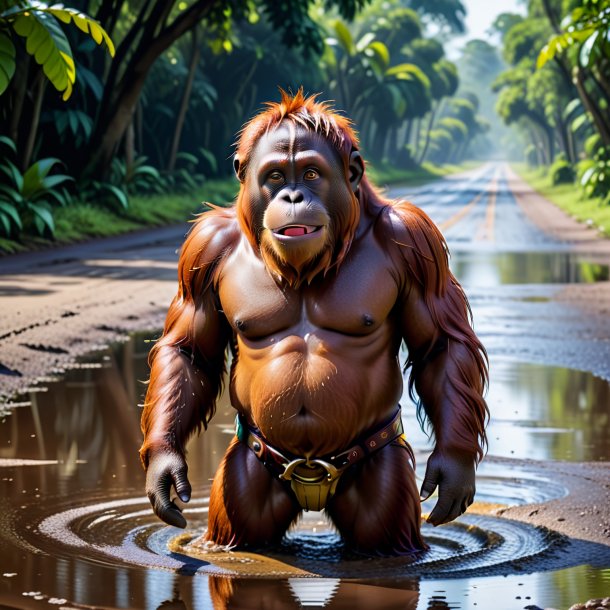 Picture of a orangutan in a belt in the puddle