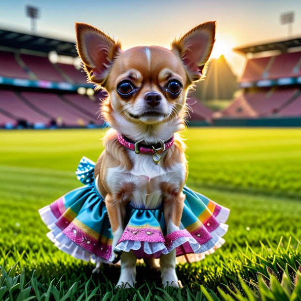 Foto de um chihuahua em uma saia no campo