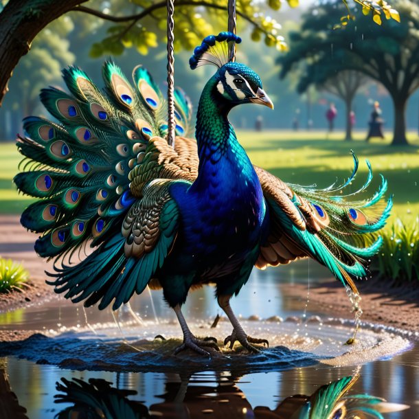 Imagen de un balanceo en un columpio de un pavo real en el charco