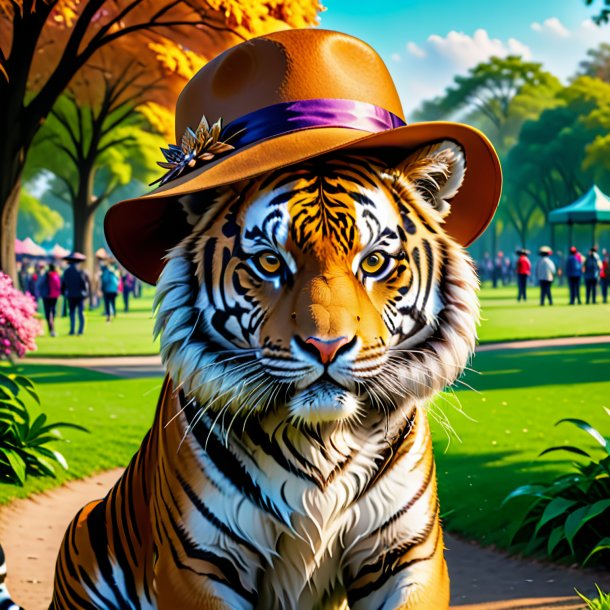 Foto de um tigre em um chapéu no parque