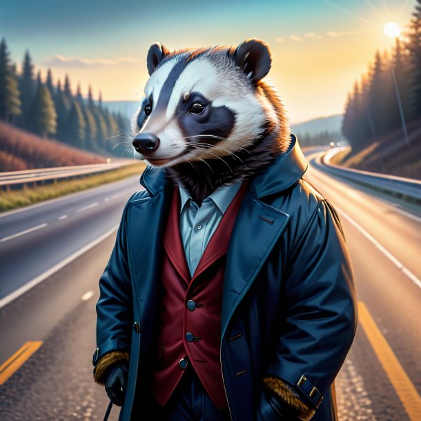 Illustration of a badger in a coat on the highway