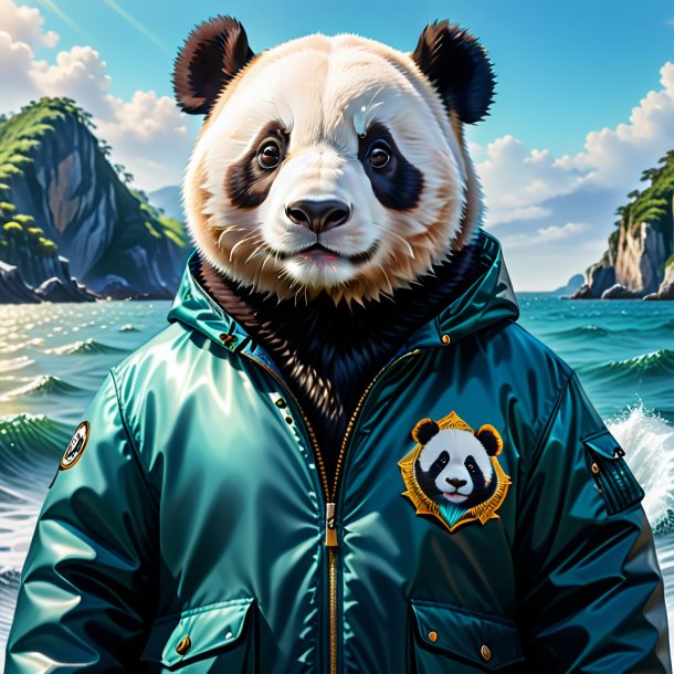 Drawing of a giant panda in a jacket in the sea