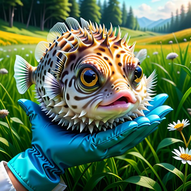 Illustration of a pufferfish in a gloves in the meadow