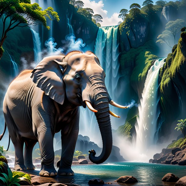 Photo of a smoking of a elephant in the waterfall