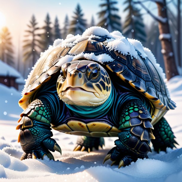 Image of a turtle in a gloves in the snow