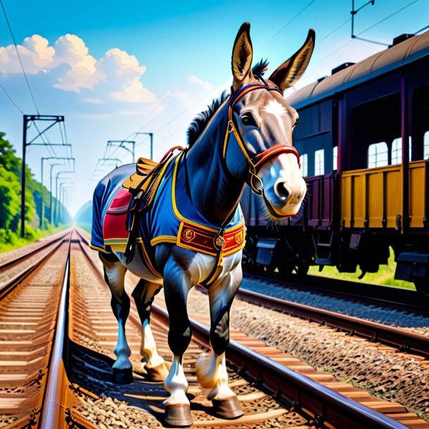 Picture of a mule in a trousers on the railway tracks