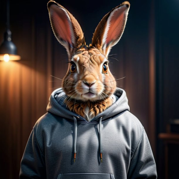 Photo of a hare in a gray hoodie