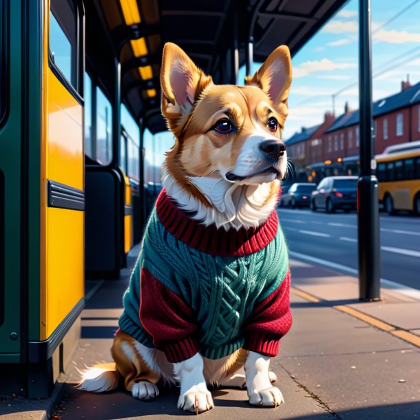 Drawing of a dog in a sweater on the bus stop