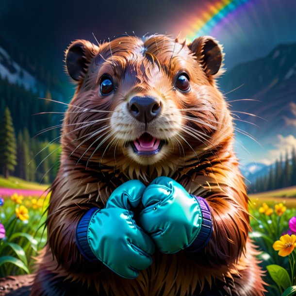 Picture of a beaver in a gloves on the rainbow