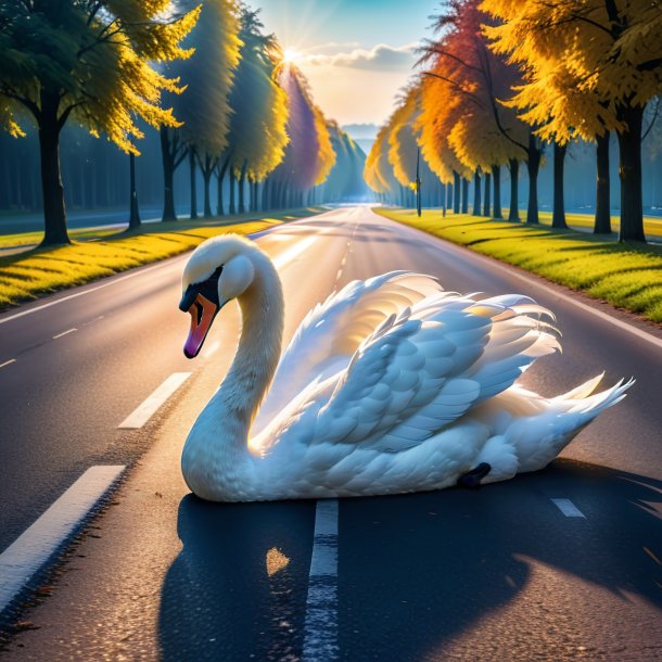 Pic of a resting of a swan on the road